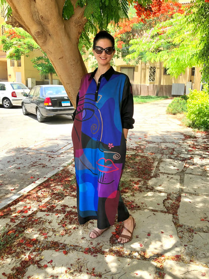 Black Linen Cotton Modern Art Printed Oversized Collared Shirt Dress For Wo..