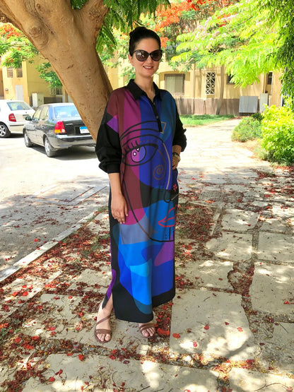 Black Linen Cotton Modern Art Printed Oversized Collared Shirt Dress For Wo..