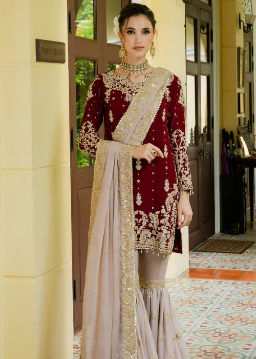 Designer Wine Maroon Embroidered Kurta Sharara Set with Dupatta