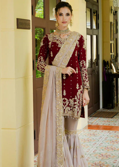Designer Wine Maroon Embroidered Kurta Sharara Set with Dupatta