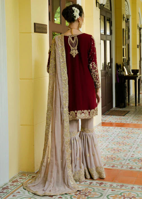 Designer Wine Maroon Embroidered Kurta Sharara Set with Dupatta