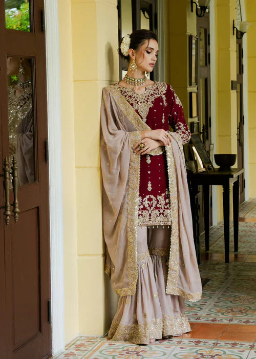 Designer Wine Maroon Embroidered Kurta Sharara Set with Dupatta