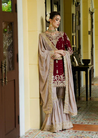 Designer Wine Maroon Embroidered Kurta Sharara Set with Dupatta