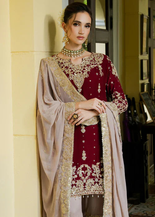 Designer Wine Maroon Embroidered Kurta Sharara Set with Dupatta