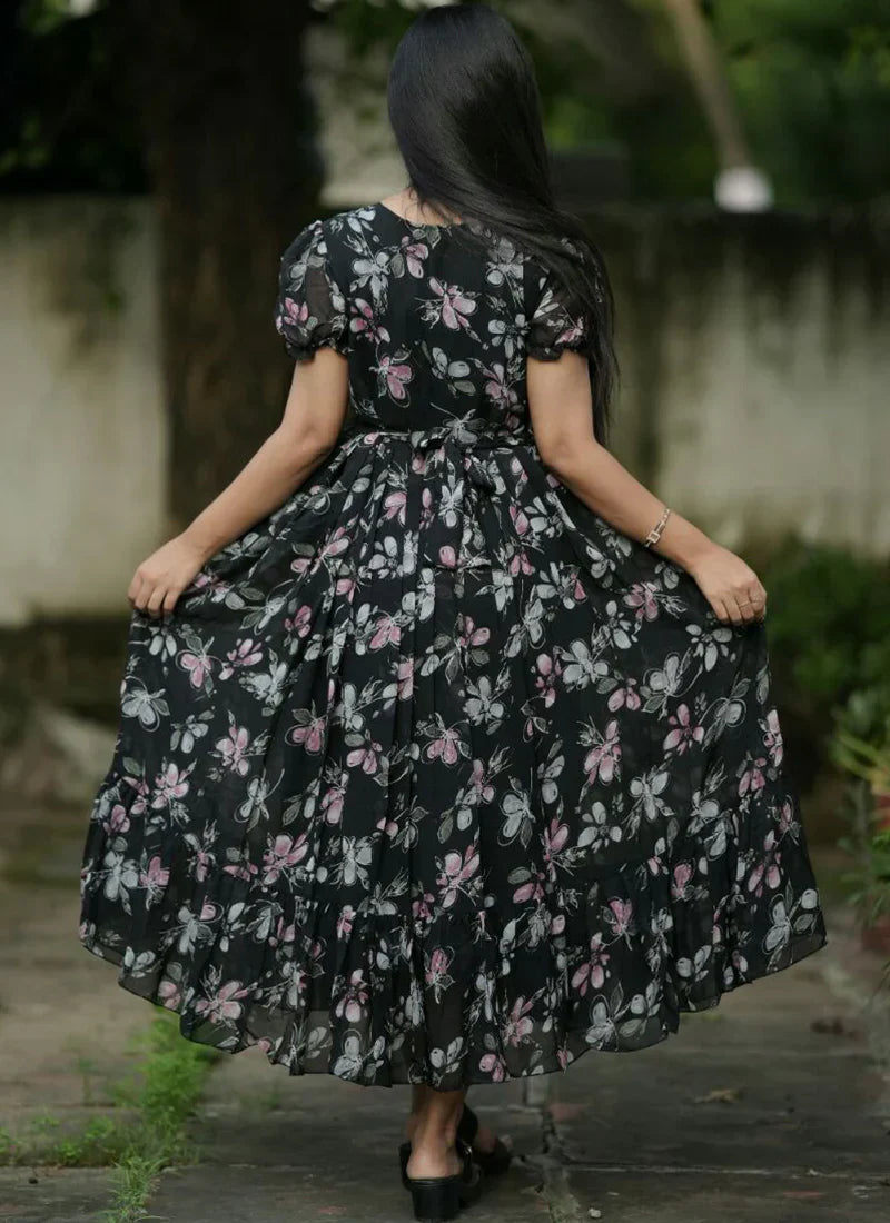 Amusing Royal Blue Floral Printed Georgette Maxi Dress