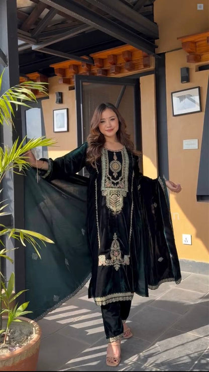 Designer Velvet Embroidered Suit Set with Heavy Sequin Work for Women