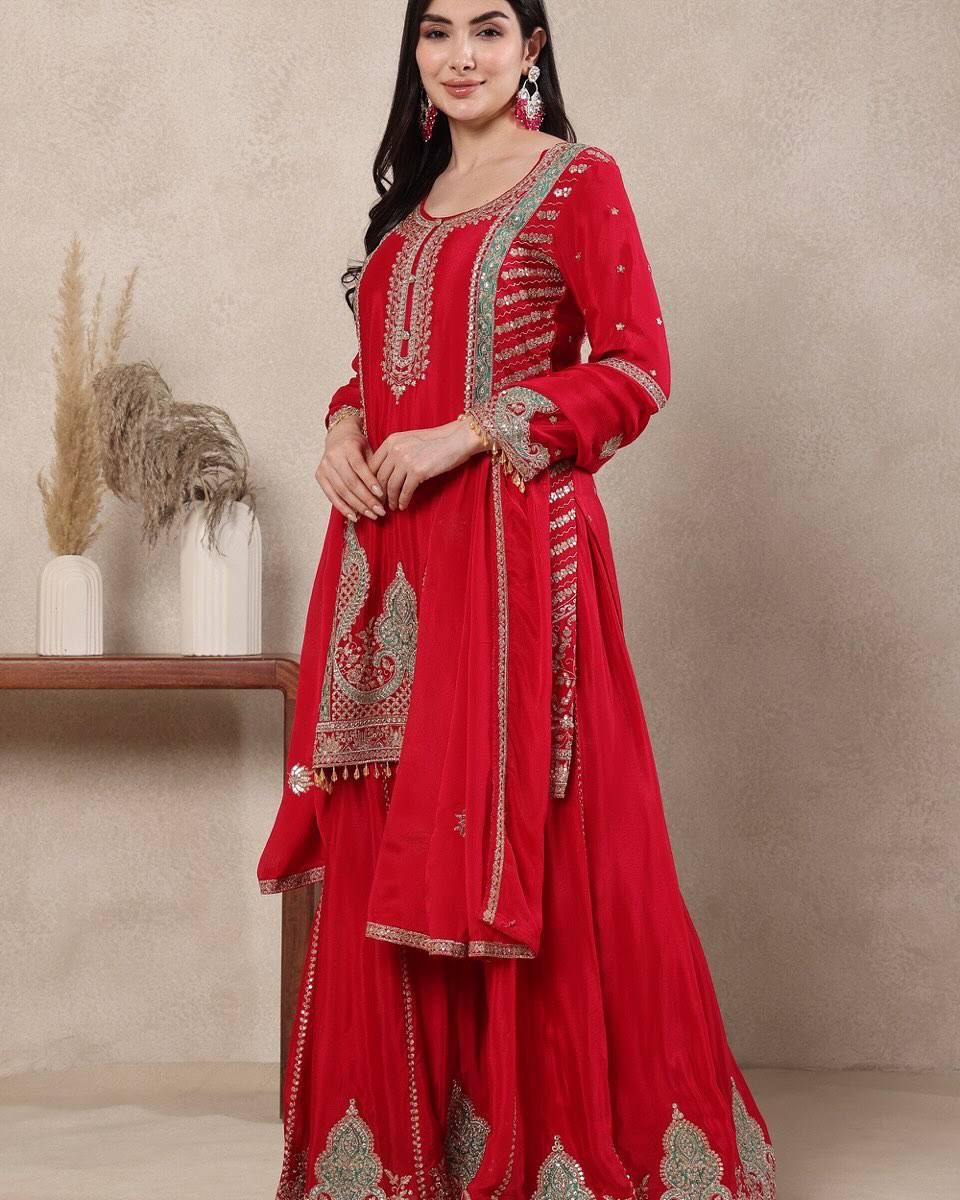 Designer Chinnon Silk Embroidered Sharara Suit | Festive Wear