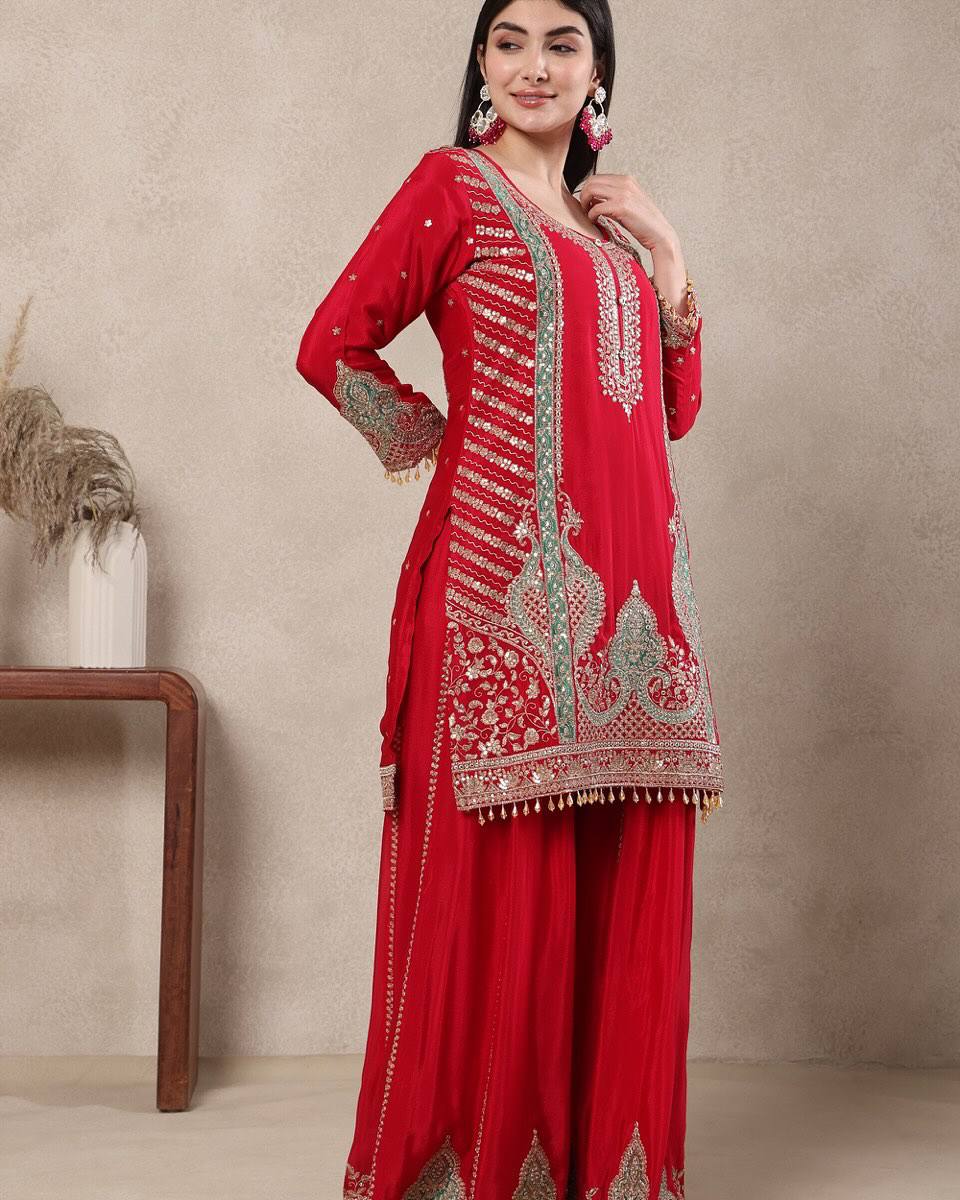 Designer Chinnon Silk Embroidered Sharara Suit | Festive Wear