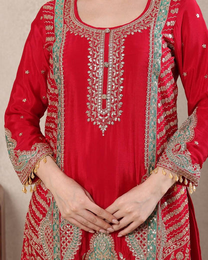 Designer Chinnon Silk Embroidered Sharara Suit | Festive Wear