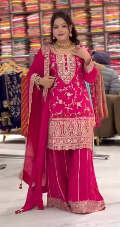 Designer Chinnon Silk Sharara Suit for Women | Embroidered