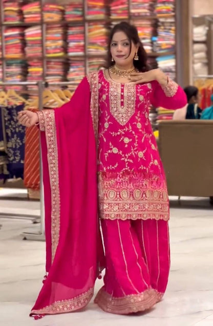 Designer Chinnon Silk Sharara Suit for Women | Embroidered