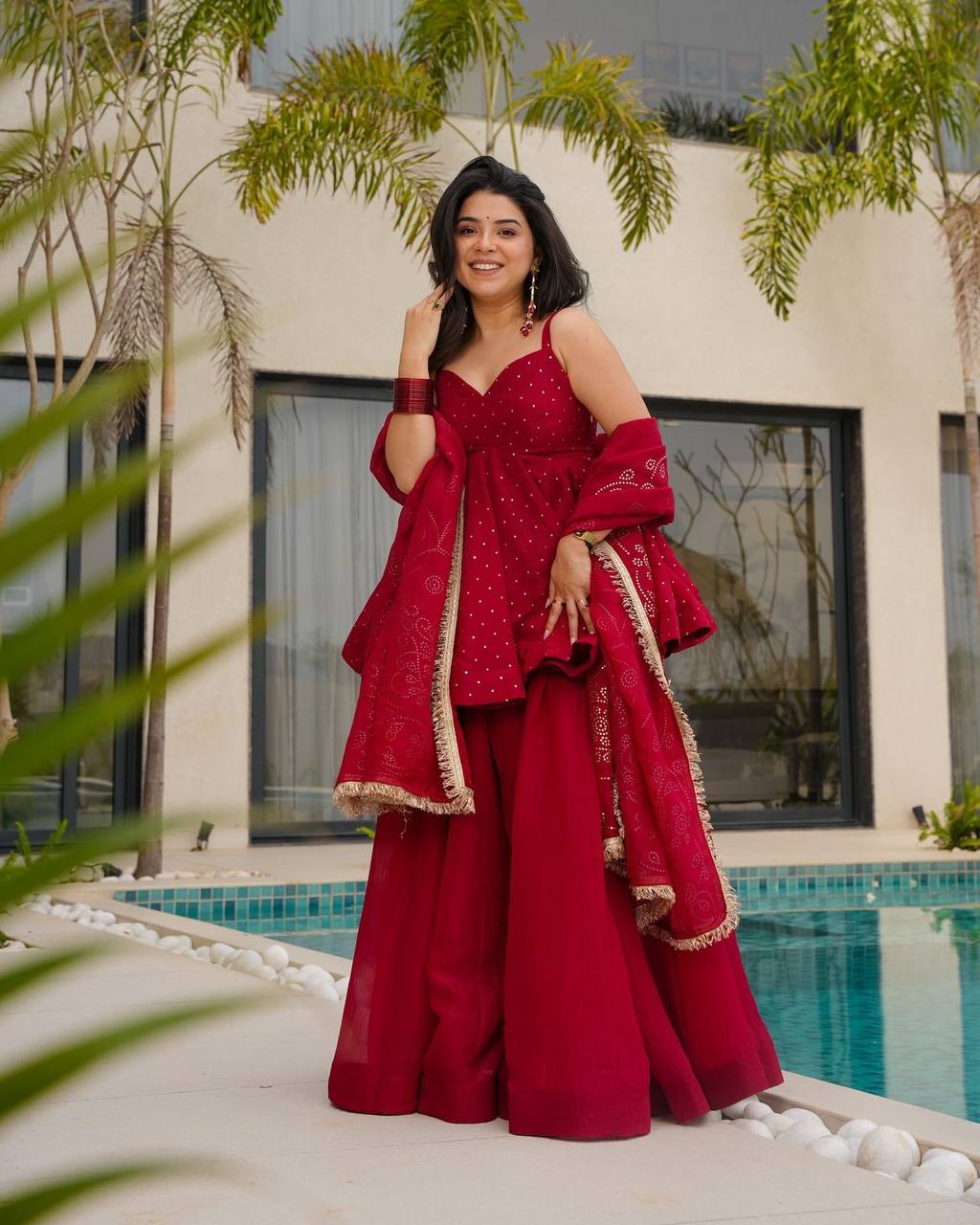 Red Tabby Organza Mukesh Work Suit Set | Your Designer Studio