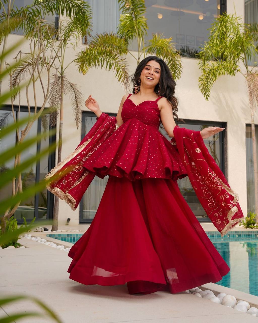 Red Tabby Organza Mukesh Work Suit Set | Your Designer Studio