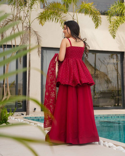 Red Tabby Organza Mukesh Work Suit Set | Your Designer Studio