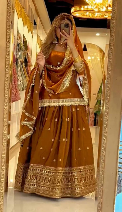 Designer Chinnon Silk Embroidered Lehenga Set | Wedding Wear for Women