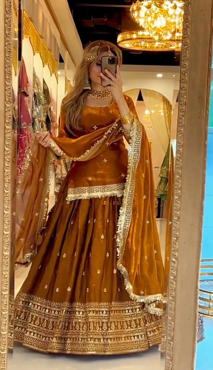 Designer Chinnon Silk Embroidered Lehenga Set | Wedding Wear for Women