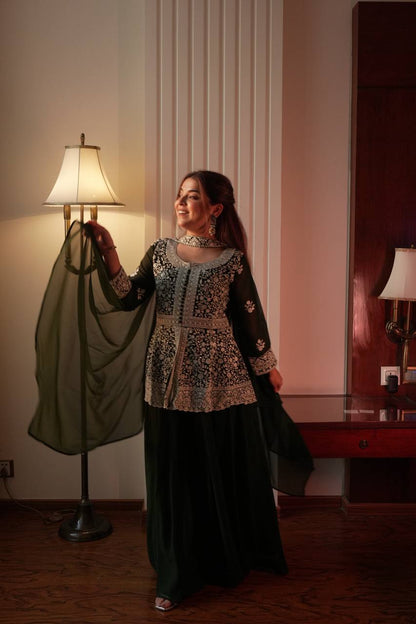 Black Georgette Embroidered Kurti Palazzo Set with Dupatta