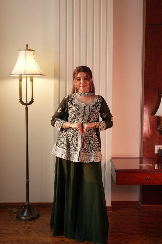 Black Georgette Embroidered Kurti Palazzo Set with Dupatta