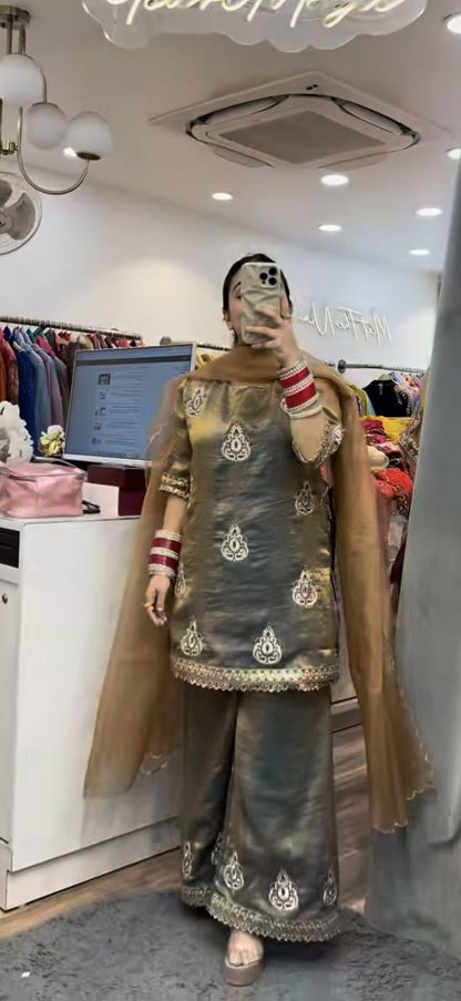 Designer Fendy Silk Embroidered Palazzo Suit | Festive Wear