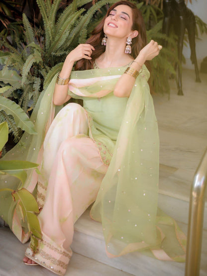 Embroidered V-Neck Kurti & Palazzos With Dupatta