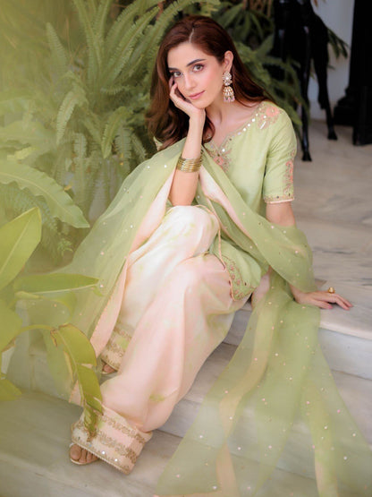 Embroidered V-Neck Kurti & Palazzos With Dupatta